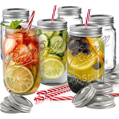 DOLASO Einmachgläser-Set, 6 Stück, Einmachgläser aus Glas mit 12 luftdichten Deckeln und 6 wiederverwendbaren Strohhalmen, 500 ml Glasgefäße für Cocktail, Mojito, Milchshake, Fruchtsaft, transparent (1/5)