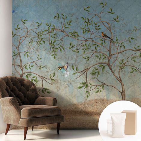 Tapete Vliestapete mit Kleber - trendige Wanddeko - elegant Fototapete für Wohnzimmer - Schlafzimmer Vögel in den Bäumen 250x250 cm (1/5)