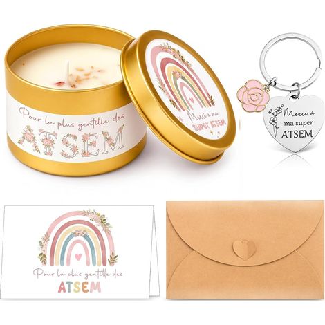 Set 4 Cadeaux de Merci pour 1 Bougie Parfumée Remerciement 1 Porte-Clés 1 Carte de Vœux et 1 Enveloppe pour Femme Adieu Journée des Enseignants Fin d'Année Anniversaire (1/5)