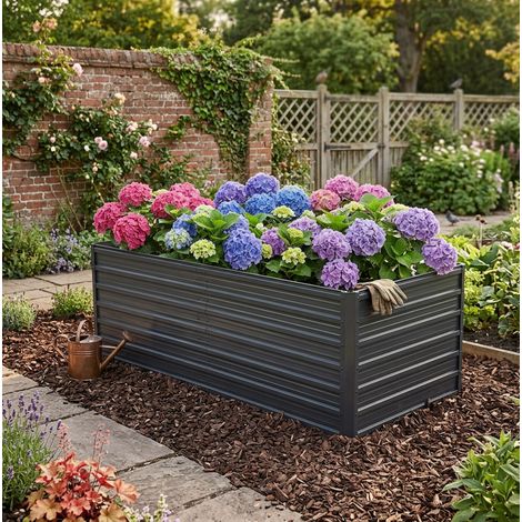 Carré potager surélevé 190x90x64 cm avec base ouverte, structure stable, métal noir pour jardin et terrasse (1/5)