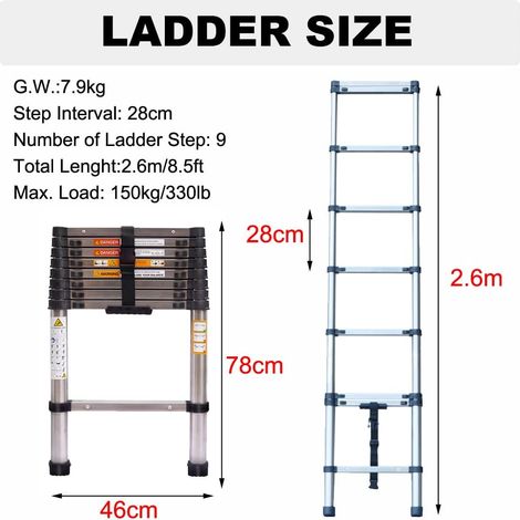 échelle télescopique de 2,6 mètres, en acier inoxydable, antidérapante, grade 9, portant 150 kg
