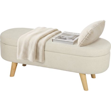 Banc Banquette, Bout de Lit, Coffre de Rangement 2 en 1 en Tissu avec Pieds en Bois, 110L x 40P x 43H cm, Crème (1/5)