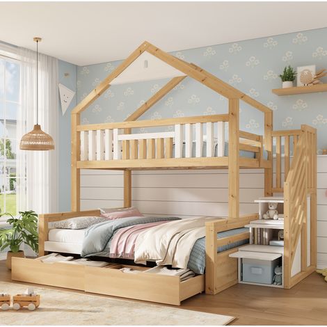 Litera infantil 90x200 y 140x200 cm de madera con escalera, 2 cajones y techo blanco roble (1/5)