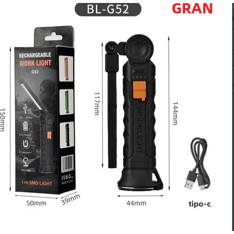(Grand format, 1 pièce) Lampe torche LED COB rechargeable par USB avec batterie intégrée et aimant. (1/5)