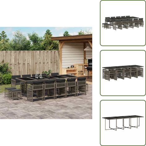 The Living Store 15-tlg. Garten-Essgruppe mit Kissen Grau Poly Rattan - Gartentisch - Gartenmöbel Set - Outdoor Möbel - Esstisch - Gartenstühle
