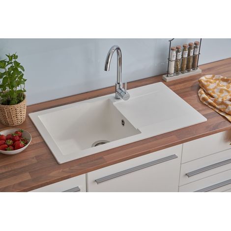 Respekta – Évier à encastrer 1 bac – Granit Mineralite blanc – Montage réversible – Résistance aux chocs et produits chimiques – Dimensions 78 x 44 cm (1/6)