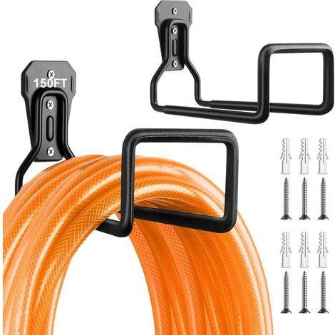 Metallener Wandschlauchhalter (2er-Set - schwarz), robust und langlebig, mit 6 Schrauben und 6 Dübeln, ideal für Garten, Hof oder Garage. (1/5)
