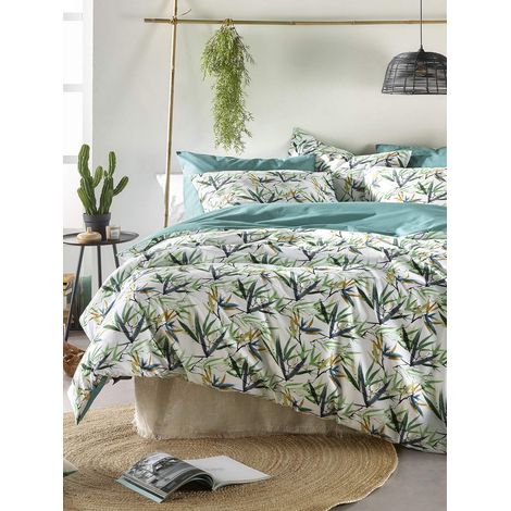 Parure : Housse de Couette et Taies d'oreiller, Coton, Blanc-Vert, 260x240 cm (1/4)