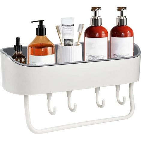 Etagere Adhesive Sans Perçage - Lot de 2 Etagères Plastique PP avec Barres Porte-Serviettes et Crochets - Pour Salle de Bain Cuisine Miroir Carrelage - 2 Pièces