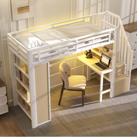 Lit mezzanine 90x200 cm métal MDF blanc avec bureau, rangement pour studio, sans matelas – MEUBLIV (1/5)