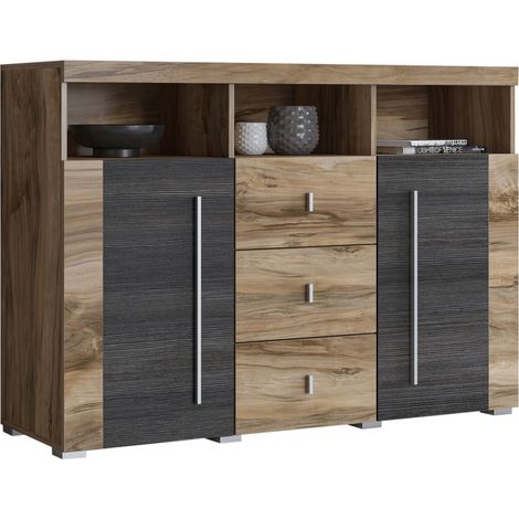 Buffet BRAZZA 4 Türen – Großer Stauraum in Satin Nussbaum – Dekorative Fächer – 182 cm