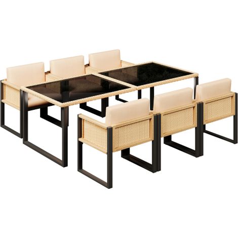 Ensemble repas jardin 6 personnes,table verre trempé&chaises en PE rotin