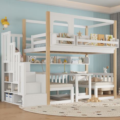 lit enfant rangement bureau 90x200 cm bois massif blanc HAVRYA (1/5)