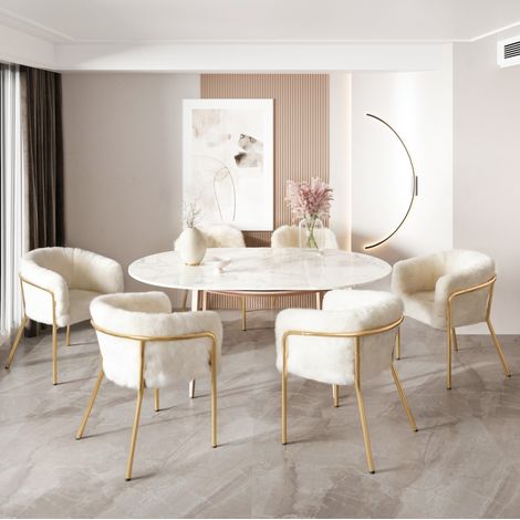 Lot de 6 chaises de relaxation en fausse fourrure blanche, structure métal, style chic,57×57×77cm (1/5)
