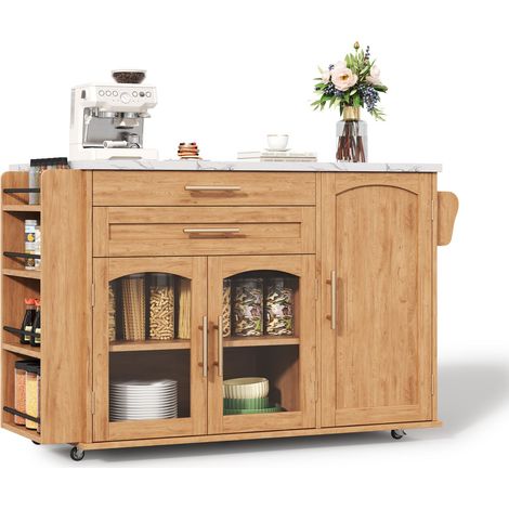 Carrito de cocina con 2 cajones, puertas de vidrio, estantes ajustables y encimera abatible 120x45x90 cm (1/5)