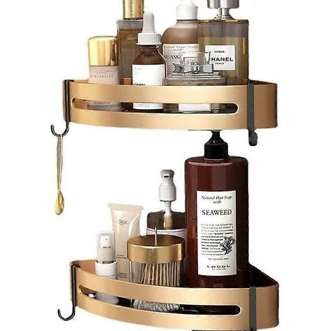 Ensemble de 2 étagères d'angle de douche adhésives sans perçage, étagère de salle de bain en acier inoxydable avec panier triangulaire et crochets pour shampoing et savon (photo couleur) (1/5)