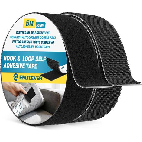 Scratch Autocollant Double Face, Hook & Loop Auto-Adhésif à Crochets Et Boucles, Ruban Adhésif Puissant Pour Décoration De Pièce, Maison, Bureau, Voiture (Noir, 5M X50mm) (1/5)