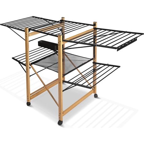 Séchoir à Linge Grande Capacité avec roulettes et Maille Etendoir Extensible Pliable Multifonction Imitation Bois 30m de Séchage pour Usage Intérieur 180x105x61cm Noir (1/5)