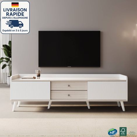 Meuble TV - Meuble TV bas sur pied - scandinave - 160 x 40 x 58 cm - Double porte coulissante + deux tiroirs - Bois Certifié PEFC - Bois blanc et naturel (1/5)
