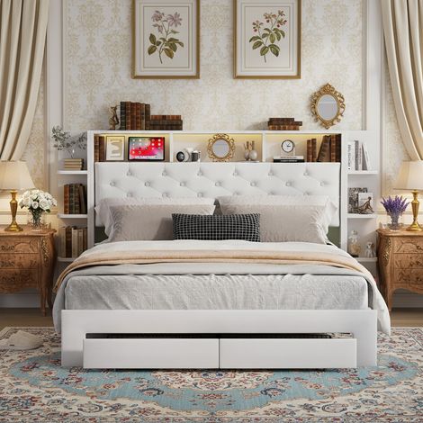 Cama de matrimonio 140 x 200 cm con 2 cajones, cabecero con compartimentos de almacenaje, puerto USB integrado, iluminación LED multimodo, somier de láminas, blanco (1/5)