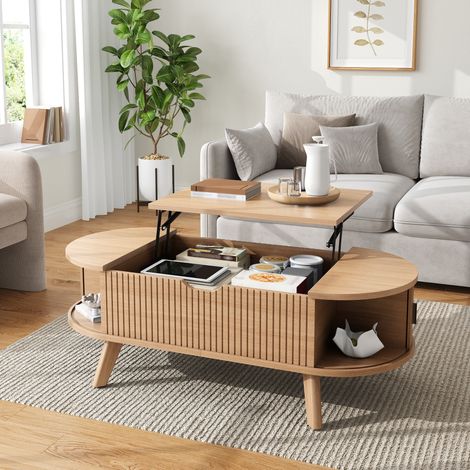 Höhenverstellbarer Couchtisch 110x50x53,5 cm aus MDF Natur mit Stauraum – MEUBLIV (1/5)
