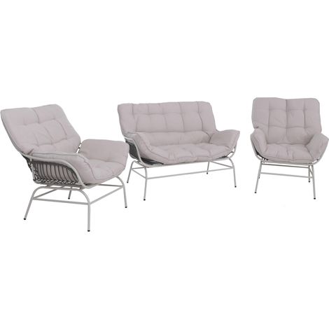 Set lounge HHG-736, set da giardino divano salottino, tessuto 220 g/m² polyrattan metallo, grigio chiaro, cuscini beige (1/5)
