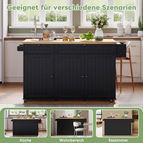Îlot de cuisine noir 137x89,5x45cm sur 6 roulettes verrouillables,plan de travail pliant avec étagères,tiroirs et meuble.