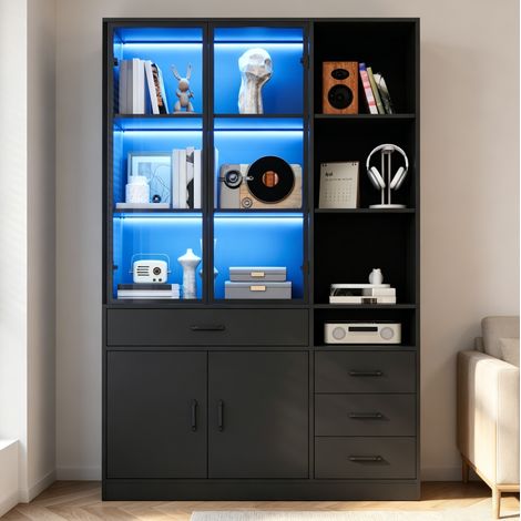 Vetrina libreria 120x35x200 cm nera in pannello truciolare e vetro con LED, 4 cassetti e 13 vani (1/5)