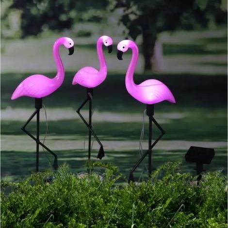 Piquets solaires LED 3x Flamant rose — déco jardin 52,5 cm, 2 LED blanc froid, batterie rechargeable (1/4)