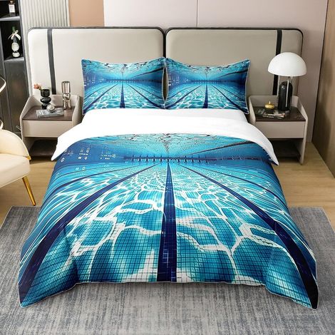 Coton Natation Sport Parure de Lit 140x200 3D Piscine Impression Housse de Couette Enfants Adolescents Loisirs Thème Été Rafraîchissant Literie Couvre Lit,Zip (1/5)
