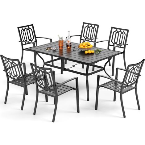 PHI VILLA Garden Table and Chairs Set, Outdoor Patio Dining Set, Rectangular Metal Table with Umbrella Hole and 6 Stackable Garden Chairs