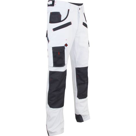LMA – Pantalon de peintre multipoches à genouillères blanc/noir – Norme EN 14404 niveau 1 – Poches genouillères double position – Taille 54
