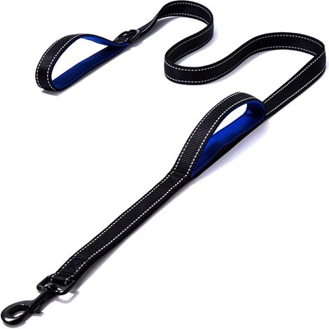 Laisse pour chien de 1,8 mètre, réfléchissante et résistante, avec double poignée, rembourrée, en nylon durable, pour chiens de grande et moyenne taille, noir et bleu. (1/5)