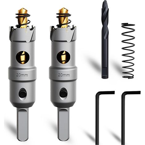 Juego de 2 brocas de corona metálicas de 20 mm, brocas de núcleo de carburo de tungsteno, con una broca piloto nitrurada adicional gratuita y una llave en forma de L, para acero, hierro, aluminio y me (1/5)