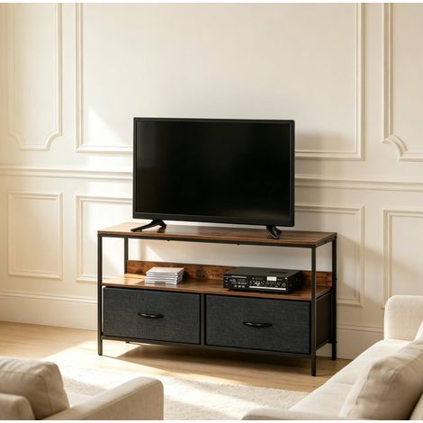 Mueble TV bajo 98 x 29 x 56 cm con 2 cajones plegables, balda abierta, negro HAVRYA (1/5)