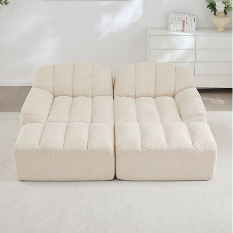 Divano modulare 2 posti beige bianco con 2 pouf, in tessuto bouclé e schiuma ad alta densità (1/5)