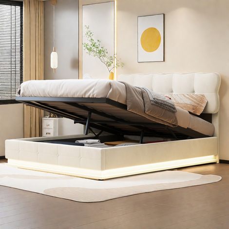 Bett mit Stauraum 140x190 cm – Wolkenkopfteil – LED-Beleuchtung unter dem Bett – weicher Samt – Lattenrost – gepolstertes hydraulisches Bett – Beige