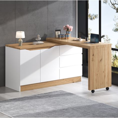 Scrivania girevole pieghevole 120 x 50 x 78 cm con ruote, 2 ante, 3 cassetti, bianco/rovere, in truciolato (1/5)