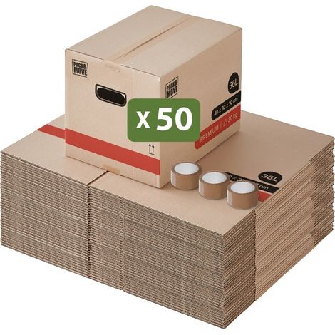 Pack and Move - Lot 50 Cartons Déménagement Livres Premium - 40 X 30 X 30 Cm - Extrême Résistance 30 KG - Poignées Renforcées - 3 Adhésifs Offerts