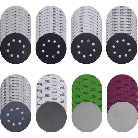 Lot de 65 disques abrasifs 125 mm 8 trous + sans trou - Disques abrasifs humides secs - Grain 60-5000 pour ponceuse excentrique, bois, métal et couleur (1/5)