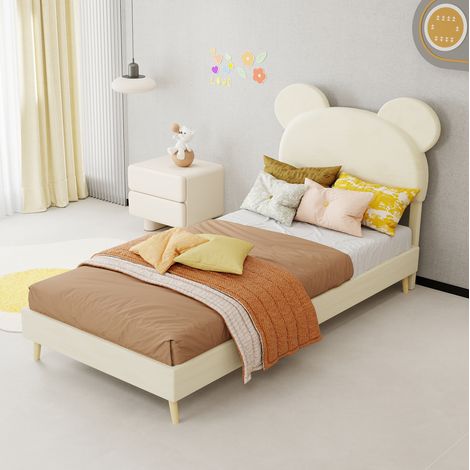 Letto imbottito moderno 90x200 cm beige, con testiera cartoon e vano contenitore a pistone (1/5)
