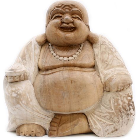 Statue de Bouddha sculptée à la main - 30 cm Happy - Blanchiment à la chaux- Vendu par 1
