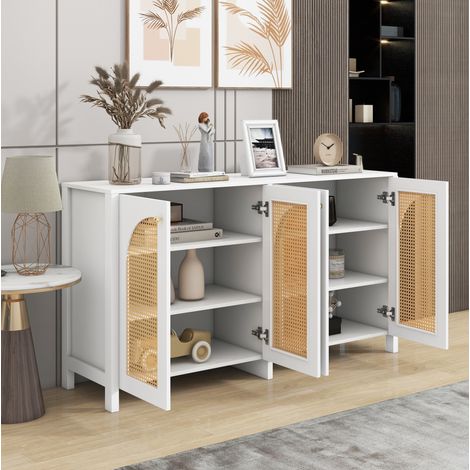 Credenza bianca a 4 ante con rattan sintetico, MDF e pannello di particelle HAVRYA (1/5)