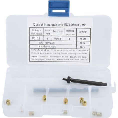 Kit de réparation de filetage M3 x 0,5 - 12 inserts auto-taraudeurs en acier, outillage de vissage pour moteur et usinage. (1/5)