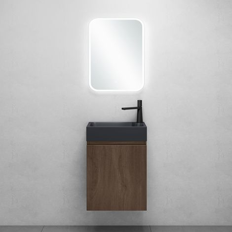 Mai & Mai Mobile Bagno Sospeso46x26x63cm in Rovere marrone, Set Mobiletto per Bagno con Lavabo da Minerale fuso in Antracite opaco e Specchio LED, Seria Pisa02 (1/5)