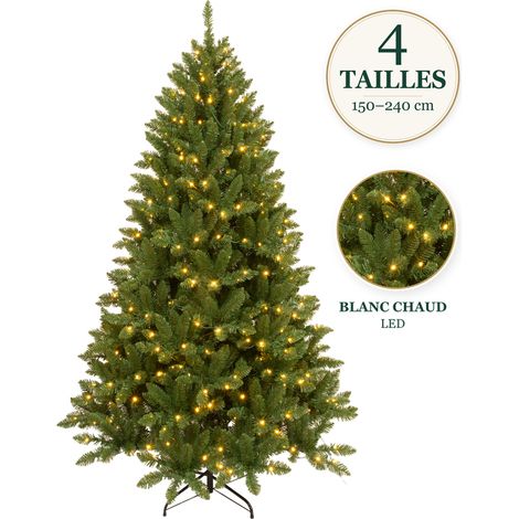 Sapin de Noël artificiel 210 cm avec éclairage LED, Pied stable en métal, Aspect dense et naturel, Branches ajustables, Pliable, Facile à ranger, Vert (1/5)