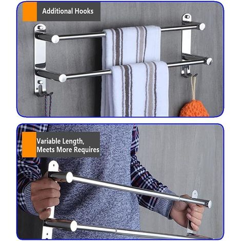 Porte-serviettes mural extensible 49–90 cm, acier inoxydable chromé, avec crochet, salle de bain (1/5)