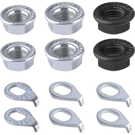 Écrous d’Axe Vélo et Rondelles Sécurité, M8/M9.5/M10 3 Tailles Écrou d’Axe Roue Vélo à Bride Kit Noir Argent Pièces Moyeu Vélos Accessoires pour Vélos Ville Route Roue Avant et Arrière (1/5)