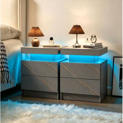 Set di 2 comodini con LED grigio/oro, 2 cassetti e vano a giorno, design moderno (1/5)