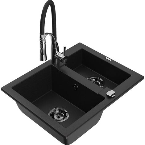 Mexen Carlos fregadero de granito de 1,5 senos con grifo de cocina Aster, negro - 6518-77-73450-07-B (1/5)